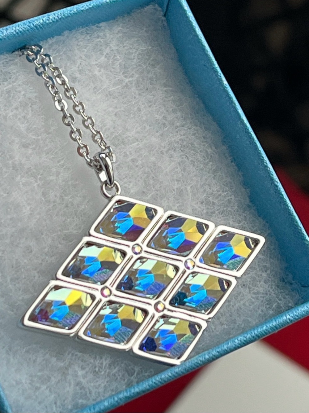 Swarovski Touchstone Crystal Aurora Borealis Geometric Pendant Necklace BNIB